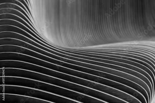Abstract modern architecture. Wooden bench close up monochrome high contrast curved lines