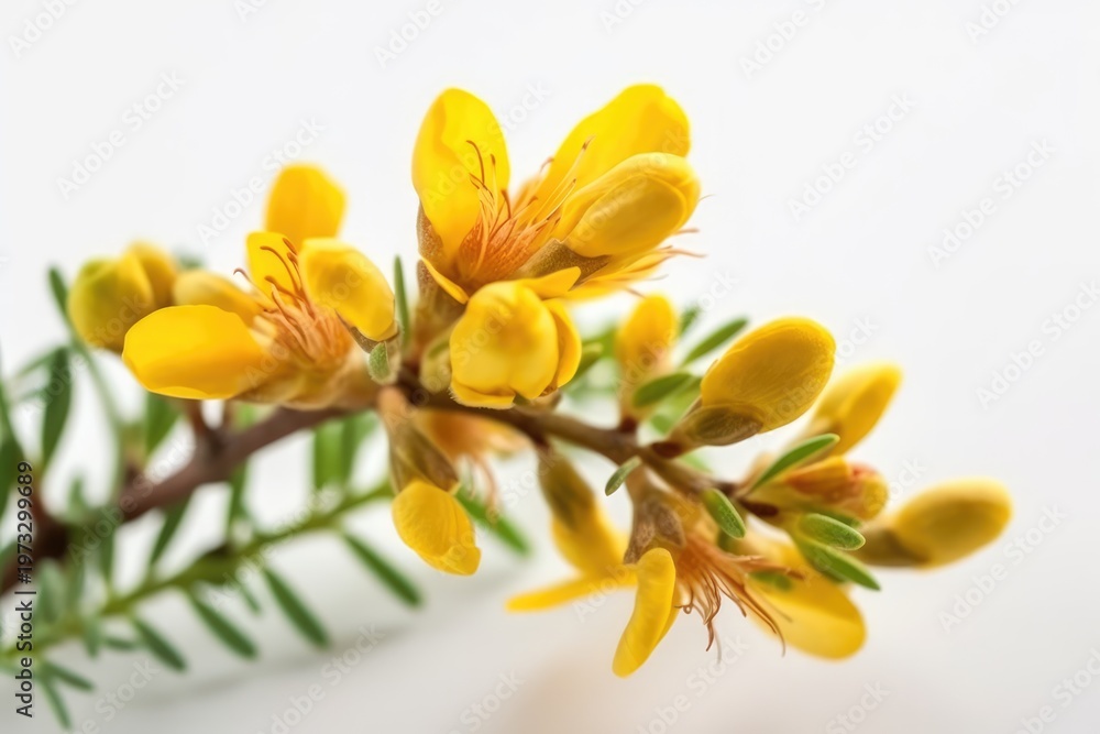 Fototapeta premium A close-up view of vibrant yellow flowers on a branch with green leaves.