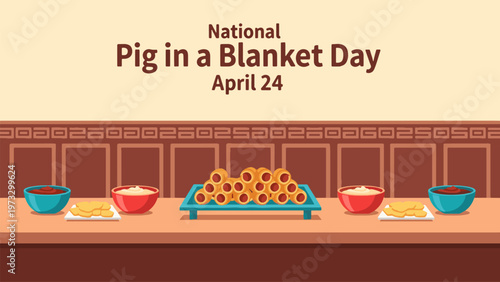 National Pig in a Blanket Day April 24 Food Illustration, Tray of Sausage Rolls with Dipping Sauce, Classic Party Snack and Comfort Food Concept Flat Vector Design