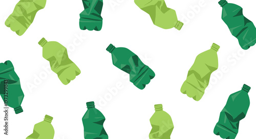 A dense and repetitive pattern of crumpled green plastic water bottles highlights the environmental impact of waste against a stark white minimalist backdrop.