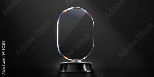 Elegant blank glass trophy or award on a dark background. A sophisticated template for various achievements and recognition designs. Vector illustration