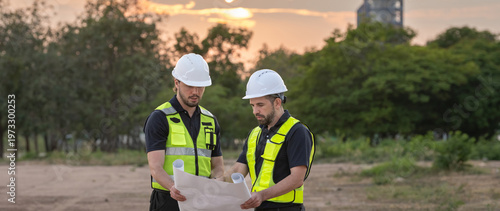 Two petroleum engineers in hardhat and safety vest reviewing blueprint and pointing at oil refinery industrial site during sunset for inspection teamwork planning discussion in energy industry.