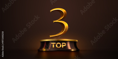 Golden number 3 on a dark podium with TOP text, representing success and leadership. Vector illustration.
