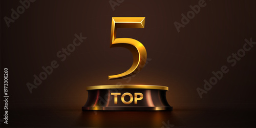 Golden number 5 on a dark podium with TOP text, representing success and leadership. Vector illustration.