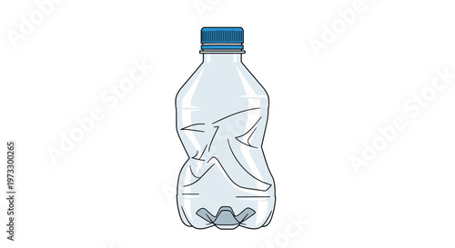 A vertically oriented crushed plastic water bottle with a blue cap stands against a white background featuring prominent crumpled textures and transparency.
