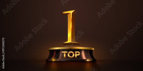 Golden number 1 on a dark podium with TOP text, representing success and leadership. Vector illustration.