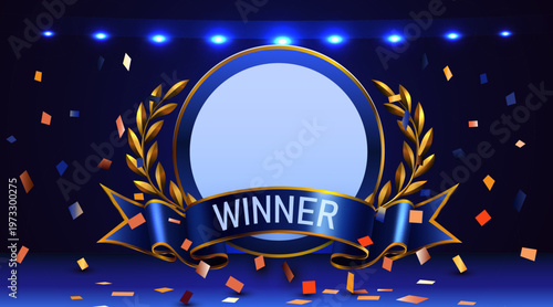 Golden laurel wreath winner frame with blue ribbon and confetti on a spotlighted stage background. Vector illustration.
