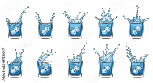 Ten distinct illustrations of blue water splashing energetically out of clear glasses filled with ice cubes arranged in two rows on a white background.