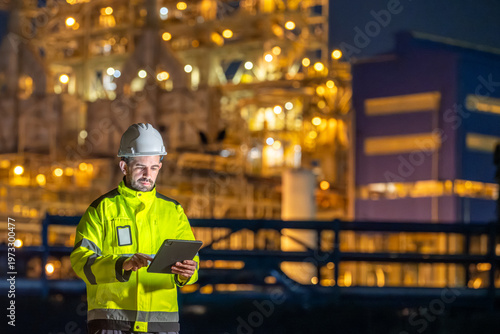 Male petroleum engineer in safety uniform hold tablet working for data monitoring maintenance inspection at fuel refinery industrial plant during night operation engineering energy industry.