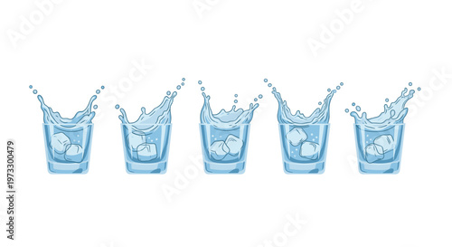 Five glasses of clear water with ice cubes are arranged in a horizontal row showing various artistic splash patterns against a plain white background.