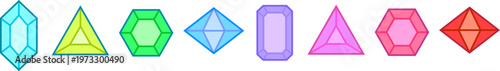 A comprehensive collection of separate, simple cartoon gem icons in various shapes and a full spectrum of vibrant colors. Perfect for creating custom game assets, whimsical digital stickers, and playf