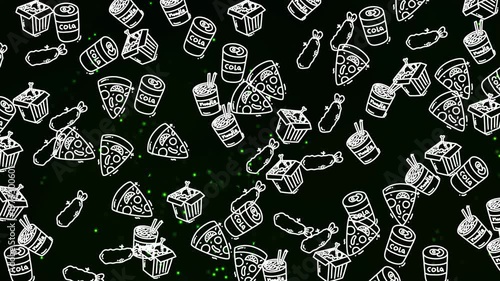 Food and drink pattern in hand drawn doodle style with on decorative vintage background