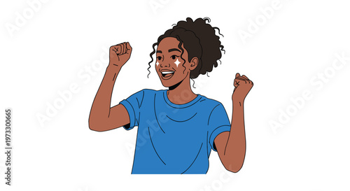 A young woman with curly hair in a ponytail cheers enthusiastically with clenched fists and decorative stars on her cheeks against a white background.