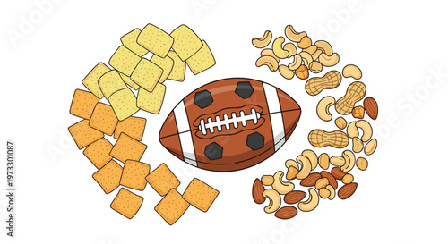 A brown American football is positioned in the center of a symmetrical layout featuring crunchy square crackers and a variety of healthy mixed nuts.