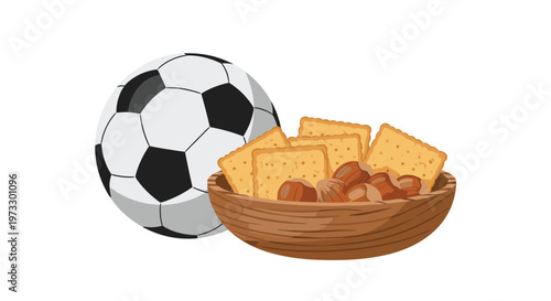 A classic black and white soccer ball sits prominently behind a textured wooden bowl overflowing with golden square crackers and whole brown hazelnuts.