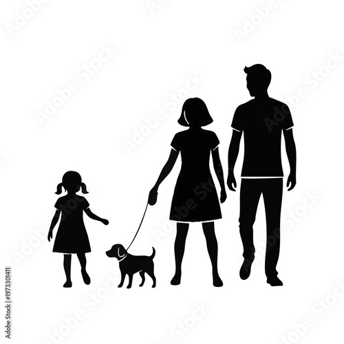 Family walking with a dog. Outdoor leisure and togetherness silhouette vector illustration