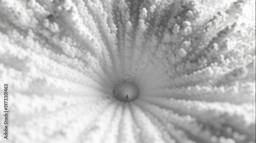 White powder particles pulling into central vortex creating abstract geometric sinkhole disturbance