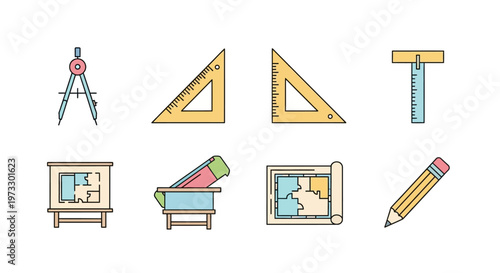 School Stationery Drawing Tools Icons.