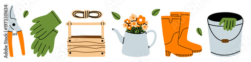 Vector cute gardening set. Pruning shear, glove, rope, wooden crate, flower teapot, boots, metal bucket. Agriculture spring garden illustration for poster, packaging, kids book design. Farm cliparts.