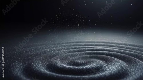 Dark sparkling sand particles swirling into spiral vortex under gentle falling dust disturbance