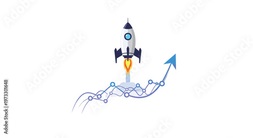 A modern silver rocket ship blasts off into the sky following a steep upward-pointing blue arrow and a detailed fluctuating multi-colored line graph.