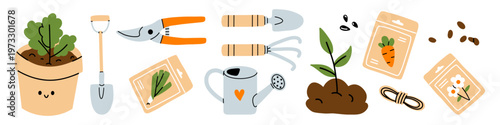 Vector cute gardening illustration set. Smiling plant, shovel, pruning shear, trowel, cultivator, watering can, sprout, seed packet, scattered seeds, rope. Spring agriculture collection. Farm clipart.