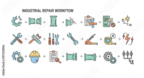 Industrial repair workflow process icons.