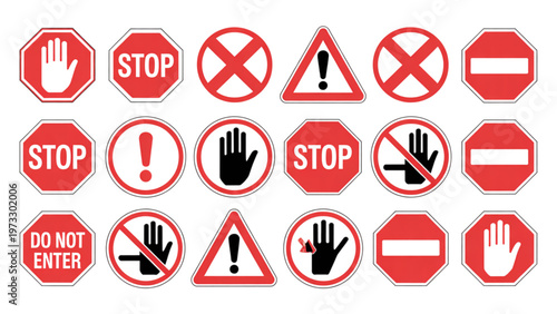 Collection of universally recognized prohibition and warning symbols on red circular backgrounds Vector