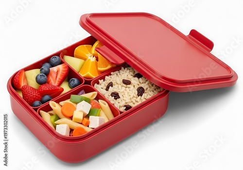 Red plastic lunch box with compartments of healthy food