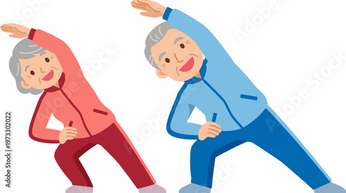 An illustration of two cheerful elderly individuals engaging in a stretching exercise, promoting health, wellness, and an active lifestyle in later years.