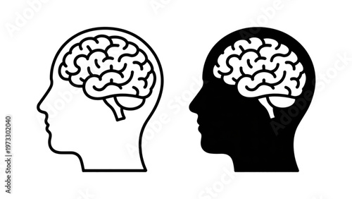 Two silhouettes of human heads showcasing detailed brain structures inside Vector