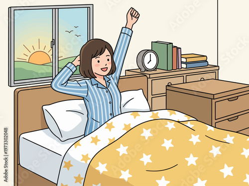 A joyful young woman stretching in bed at sunrise, capturing the essence of a refreshing morning routine filled with positivity and a fresh start to the day.