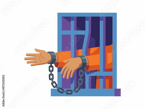 This illustration shows a hand reaching out from behind prison bars, symbolizing confinement, restriction, and the struggle for freedom of those in captivity.
