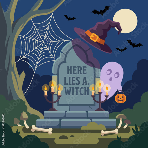 A spooky illustration of a graveyard scene featuring a tombstone, a ghost, and a witch's hat, capturing the essence of Halloween with an eerie atmosphere and festive elements.