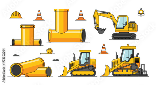 A detailed set of yellow heavy machinery and industrial plumbing components including excavators and large pipes sits organized on a pristine white background.