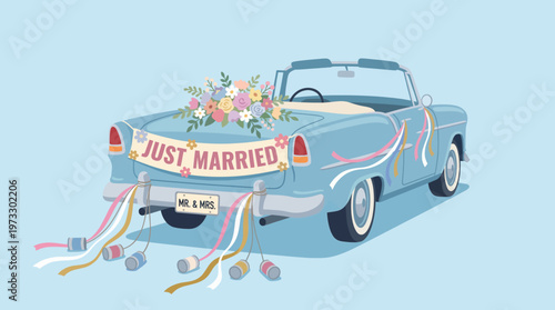 A charming illustration of a vintage car adorned with wedding decorations, symbolizing love and celebration, perfect for conveying romance and joy on a special day.
