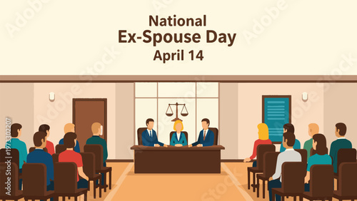 An illustration of a courtroom with a judge, lawyers, and audience, observing National Ex-Spouse Day on April 14.
