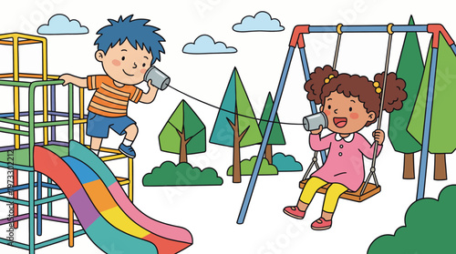 A lively illustration of two children communicating via makeshift tin can phones, showcasing their imagination and playfulness in a vibrant park setting.