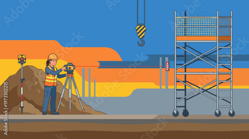 An illustration of a construction worker using a surveying instrument on a building site, capturing the essence of hard work and dedication in modern construction.