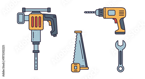 Yellow power drill and hand tools.
