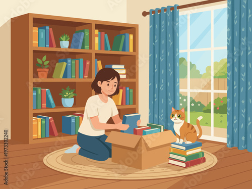 A woman kneels on the floor, busy sorting through a box of books while a playful cat curiously watches her, surrounded by cozy home decor and sunlight pouring through the window.