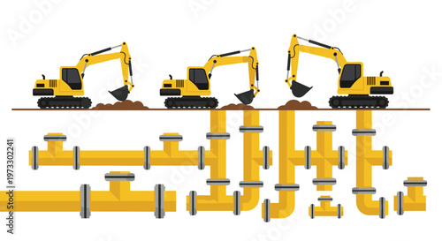 Three powerful yellow excavators perform earthmoving tasks above a sophisticated subterranean network of industrial pipes and valves against a stark white background.