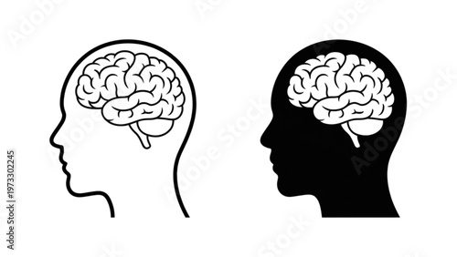 Two profile illustrations of human heads showing brain cross-sections Vector