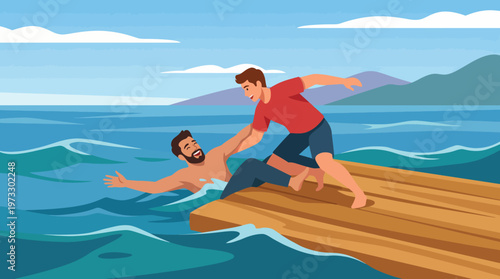 A lifeguard reaches out to a swimmer in distress in the ocean, showcasing bravery and the importance of safety in water activities for a thrilling summer experience.