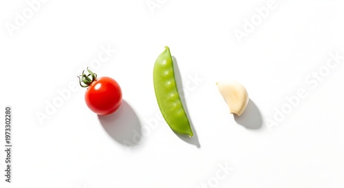Prompt:
Minimal composition with pea tomato and garlic on white background, healthy food concept, clean design, organic ingredients simplicity