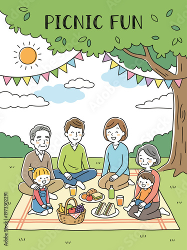 A cheerful family enjoys a picnic on a sunny day, surrounded by lush greenery, with delicious food and drinks, capturing the essence of togetherness and relaxation.