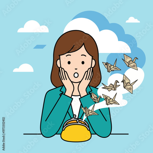 A woman is astonished by origami cranes emerging from her bag, symbolizing unexpected creativity and the joy of artistic expression springing from the ordinary.