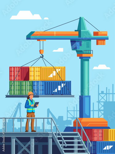 An industrial worker stands ready with a tablet, supervising the crane operation for unloading cargo containers, emphasizing efficiency and safety in logistics.
