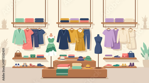 An inviting boutique showcases a range of fashionable clothing and accessories, presenting a vibrant atmosphere that appeals to modern shoppers and style enthusiasts.