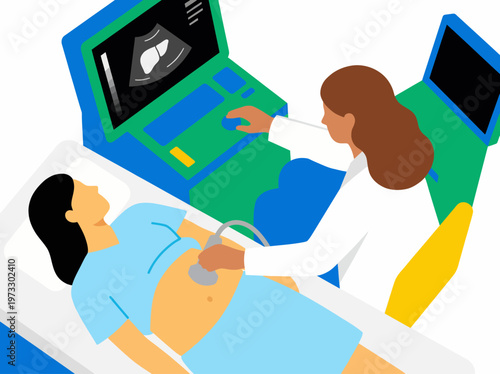 A healthcare professional conducts an ultrasound on a pregnant patient, showcasing the high-tech equipment and the importance of prenatal care for expectant mothers.